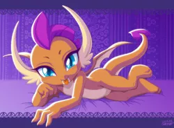 Size: 1200x890 | Tagged: safe, artist:uotapo, derpibooru import, smolder, dragon, :p, bed, blushing, cute, dragoness, draw me like one of your french girls, female, image, looking at you, png, smolderbetes, solo, tongue out, uotapo is trying to murder us, weapons-grade cute