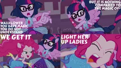 Size: 1986x1117 | Tagged: safe, derpibooru import, edit, edited screencap, editor:quoterific, screencap, pinkie pie, sci-twi, twilight sparkle, equestria girls, equestria girls series, forgotten friendship, angry, duo, eyes closed, female, glasses, image, open mouth, png, ponied up, pony ears, wings, yelling
