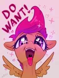 Size: 1322x1746 | Tagged: safe, artist:xbi, derpibooru import, scootaloo, pegasus, pony, cute, cutealoo, esophagus, female, filly, gradient background, gullet, heart, image, licking screen, mare, mawshot, open mouth, png, saliva puddle, salivating, slimy, solo, spread wings, text, tongue out, uvula, want, wings