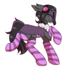 Size: 2000x2000 | Tagged: artist needed, suggestive, derpibooru import, oc, oc:mimicry, unofficial characters only, original species, clothes, female, goggles, image, png, purple changeling, simple background, socks, solo, striped socks, tongue out, transparent background