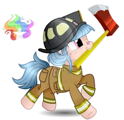 Size: 1280x1238 | Tagged: safe, artist:reptaurdrawsmlp, derpibooru import, oc, oc:star shooter, earth pony, pony, axe, deviantart watermark, female, firefighter, image, mare, mouth hold, obtrusive watermark, png, simple background, solo, transparent background, watermark, weapon