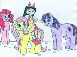 Size: 850x633 | Tagged: safe, artist:jose-ramiro, derpibooru import, fluttershy, pinkie pie, twilight sparkle, unicorn, crossover, female, image, isabella garcia shapiro, jpeg, phineas and ferb, traditional art, unicorn twilight