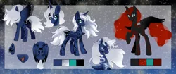 Size: 4096x1725 | Tagged: source needed, safe, artist:bluntmare, derpibooru import, princess luna, alicorn, alternate design, blood moon, body markings, cute, cute little fangs, fangs, horn, image, markings, moon, png, redesign, reference sheet, silver hair, slit eyes, sparkles, wings