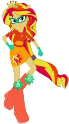 Size: 316x564 | Tagged: safe, artist:selenaede, artist:user15432, derpibooru import, sunset shimmer, human, equestria girls, base used, boots, clothes, crown, dress, element of empathy, element of forgiveness, gloves, hand on hip, high heel boots, high heels, image, jewelry, mask, masked shimmer, multicolored hair, orange dress, png, ponied up, rainbow hair, rainbow power, rainbow power-ified, red shoes, regalia, shoes, superhero, superhero costume