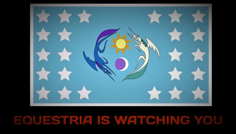 Size: 1280x731 | Tagged: safe, derpibooru import, 1984, always watching, black background, dark background, dictatorship, equestrian flag, flag, image, jpeg, simple background