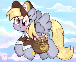 Size: 3687x3002 | Tagged: safe, artist:bunxl, derpibooru import, derpy hooves, pegasus, pony, blushing, female, flying, hat, heart eyes, image, mailbag, mailmare, mailmare hat, mailmare uniform, mare, package, png, smiling, solo, wingding eyes