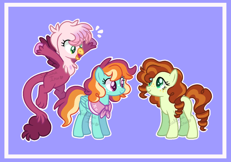 Size: 1409x989 | Tagged: safe, artist:sakurainu2715, derpibooru import, oc, unofficial characters only, earth pony, hippogriff, hybrid, pegasus, pony, female, image, interspecies offspring, magical lesbian spawn, mare, offspring, parent:applejack, parent:cheese sandwich, parent:coloratura, parent:gilda, parent:pinkie pie, parent:rainbow dash, parents:appledash, parents:gildapie, png