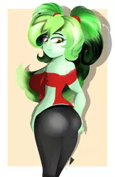 Size: 2400x3700 | Tagged: safe, artist:diamondgreenanimat0, derpibooru import, oc, oc:diamondgreen, equestria girls, ass, ass up, breeches, brown eyes, butt, clothes, detailed, equestria girls-ified, eye, eyes, green hair, image, large butt, orange background, pants, panty line, png, red shirt, redesign, shadow, simple background, tight clothing, white background