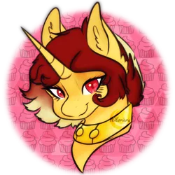 Size: 1600x1600 | Tagged: safe, artist:nikorieru, derpibooru import, oc, oc:jessie feuer, unofficial characters only, pony, unicorn, bust, circle background, collar, female, horn, image, looking at you, png, portrait, red eyes, simple background, smiling, smiling at you, solo, transparent background, unicorn oc, yellow