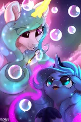 Size: 2000x3000 | Tagged: source needed, safe, artist:redvais, derpibooru import, princess celestia, princess luna, alicorn, pony, blowing bubbles, bubble, cute, cutelestia, duo, duo female, female, filly, image, lunabetes, mare, png, royal sisters, siblings, sisters, woona, younger