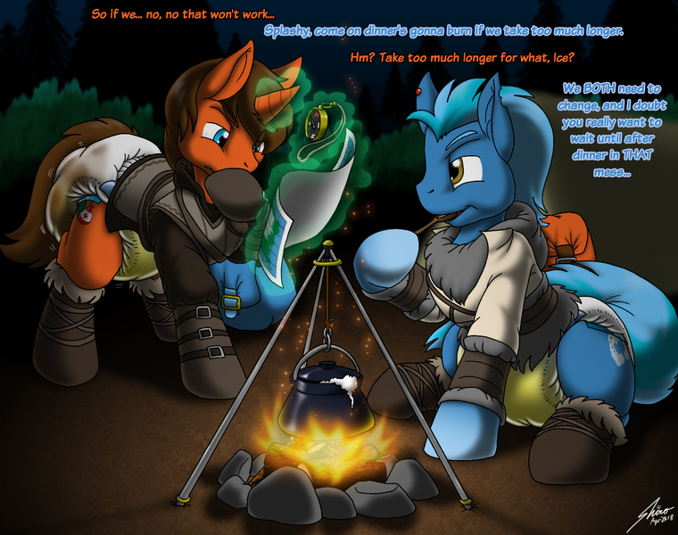 Size: 1496x1181 | Tagged: questionable, artist:catmonkshiro, derpibooru import, oc, oc:ice walker, oc:splash heal, unofficial characters only, pony, unicorn, campfire, compass, cutie mark, diaper, diaper fetish, digital art, duo, fetish, fire, glowing horn, horn, image, jpeg, levitation, magic, male, map, messy diaper, peeing in diaper, poofy diaper, poop, pooping, pot, stallion, tail, telekinesis, wet diaper