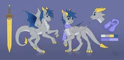 Size: 1280x623 | Tagged: safe, artist:basilllisk, derpibooru import, oc, unofficial characters only, dracony, dragon, hybrid, pony, claws, clothes, commission, digital art, horn, image, jpeg, looking at you, male, reference sheet, scarf, simple background, solo, spread wings, sword, tail, weapon, wings