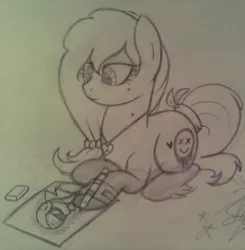 Size: 1178x1200 | Tagged: safe, artist:amgiwolf, derpibooru import, oc, oc:amgi, unofficial characters only, earth pony, pony, clothes, drawing, earth pony oc, eyelashes, grayscale, hoof fluff, image, jewelry, jpeg, lying down, monochrome, necklace, pencil, prone, smiling, solo, tail wrap, traditional art