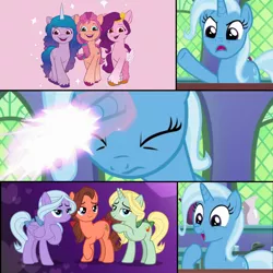 Size: 1280x1280 | Tagged: safe, derpibooru import, edit, edited screencap, screencap, dear darling, fond feather, izzy moonbow, pipp petals, sunny starscout, swoon song, trixie, earth pony, pegasus, pony, unicorn, all bottled up, hard to say anything, bimbettes, exploitable meme, female, g4, g4 purist, g5, g5 drama, image, magic, meme, op is a duck, op is trying to start shit, op isn't even trying anymore, png, trio, trixie fixing meme