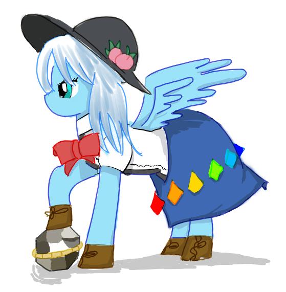 Size: 559x571 | Tagged: safe, artist:beyondthenightsky, derpibooru import, ponified, pegasus, pony, clothes, dress, female, hat, hinanai tenshi, image, jpeg, mare, rock, skirt, solo, touhou