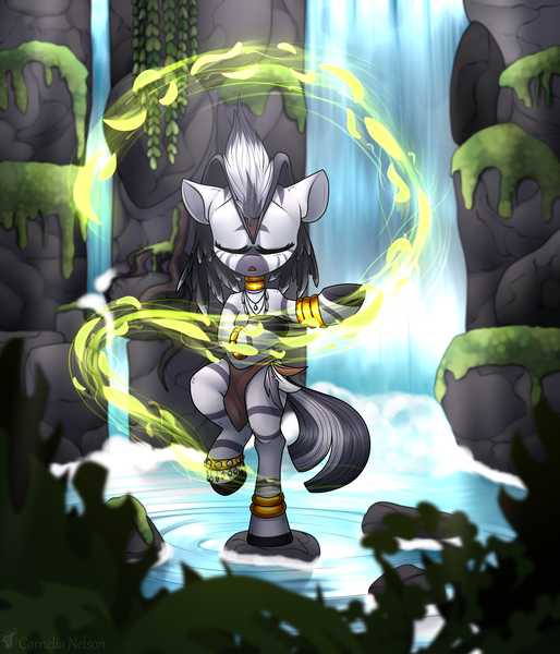 Size: 3000x3500 | Tagged: safe, artist:cornelia_nelson, derpibooru import, zecora, balancing, explicit source, female, image, leaves, meditating, meditation, nature, patreon, png, solo, standing, standing on one leg, water, waterfall, wind