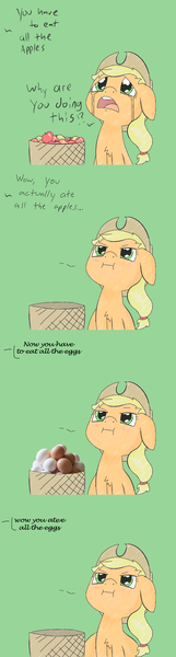 Size: 715x2665 | Tagged: safe, artist:happy harvey, derpibooru import, edit, applejack, earth pony, pony, :i, angry, apple, applejack's hat, basket, chest fluff, cowboy hat, crying, cute, dialogue, egg, floppy ears, food, fuck you i can eat all these apples, glare, green background, hat, image, jackabetes, looking up, madorable, meme, offscreen character, open mouth, out of character, png, raised eyebrow, simple background, solo, you have to eat all the eggs