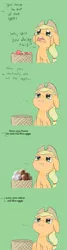 Size: 715x2665 | Tagged: safe, artist:happy harvey, derpibooru import, edit, applejack, earth pony, pony, :i, angry, apple, applejack's hat, basket, chest fluff, cowboy hat, crying, cute, dialogue, egg, floppy ears, food, fuck you i can eat all these apples, glare, green background, hat, image, jackabetes, looking up, madorable, meme, offscreen character, open mouth, out of character, png, raised eyebrow, simple background, solo, you have to eat all the eggs