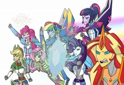 Size: 1118x767 | Tagged: safe, artist:elioo, derpibooru import, applejack, fluttershy, pinkie pie, rainbow dash, rarity, sci-twi, sunset shimmer, twilight sparkle, equestria girls, autobot, clash of hasbro's titans, confetti, crossover, cybertronian, determined, equestria bots, flying, humane five, humane seven, humane six, image, jpeg, magic, open mouth, shield, simple background, smiling, species swap, speed trail, transformerfied, transformers, white background