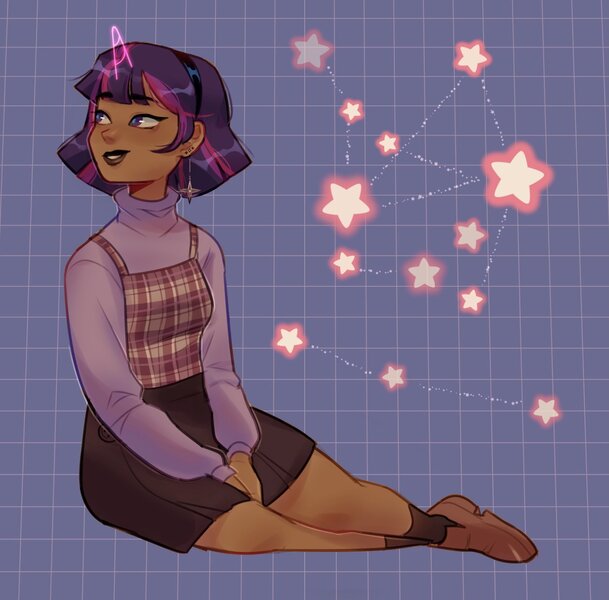 Size: 1645x1622 | Tagged: safe, artist:cinnavee, derpibooru import, twilight sparkle, human, abstract background, blackwashing, clothes, constellation, dark skin, ear piercing, female, hairband, horn, horned humanization, humanized, image, jpeg, lipstick, moderate dark skin, piercing, shoes, sitting, skirt, smiling, solo