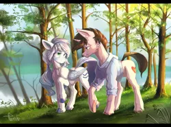 Size: 3507x2600 | Tagged: safe, artist:crazy-leg, artist:tkachenko, derpibooru import, oc, oc:pearl wind, oc:sucata, unofficial characters only, pegasus, pony, unicorn, clothes, female, image, leaves, looking at each other, love, male, mare, png, scenery, signature, smiling, stallion, summer, tree