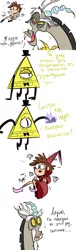 Size: 1280x4200 | Tagged: safe, artist:artmarina-arts, derpibooru import, discord, human, bill cipher, bowtie, bust, comic, crossover, cyrillic, dialogue, female, gravity falls, hat, image, male, png, russian, top hat, translated in the comments