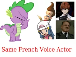 Size: 1024x768 | Tagged: safe, derpibooru import, spike, adolf hitler, dawn (pokémon), death note, downfall, exploitable meme, french, image, jimmy neutron, light yagami, meme, op is wrong, png, pokémon, same voice actor, wrong