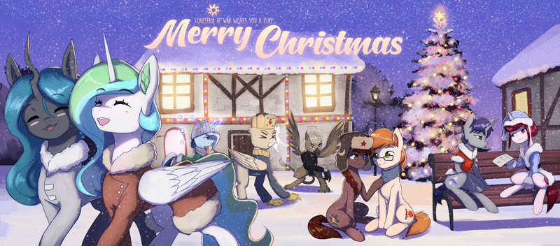 Size: 5926x2610 | Tagged: safe, artist:mrscroup, derpibooru import, princess celestia, queen chrysalis, oc, oc:altidiya, oc:grover vi, oc:river swirl, oc:rosa maledicta, oc:starry night, oc:théodore vérany, oc:vasily pantsushenko, alicorn, changeling, changeling queen, earth pony, gryphon, pony, unicorn, equestria at war mod, christmas, christmas lights, christmas tree, chryslestia, cigarette, clothes, coat, crown, elf costume, elf hat, female, hat, holiday, image, jewelry, jpeg, lesbian, regalia, shipping, snow, snowball fight, tree