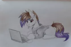 Size: 1080x713 | Tagged: safe, artist:dorkmark, derpibooru import, oc, oc:keupoz, unofficial characters only, earth pony, pony, clothes, computer, image, jpeg, laptop computer, mouth hold, photo, sketch, solo, sweater, traditional art