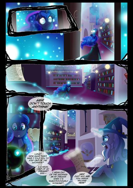 Size: 1240x1754 | Tagged: safe, artist:lunarcakez, derpibooru import, princess luna, star swirl the bearded, alicorn, pony, unicorn, comic:the origins of hollow shades, alicorn amulet, comic, image, magic, png