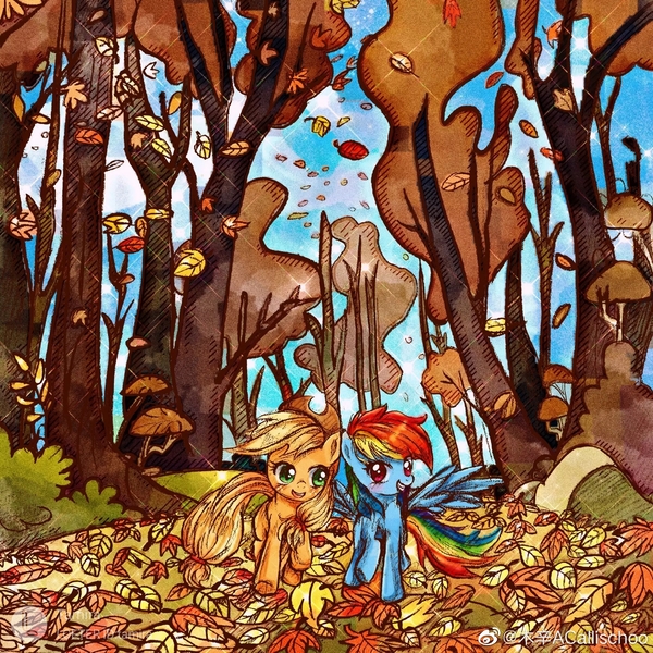 Size: 2000x2000 | Tagged: safe, artist:tamira, derpibooru import, applejack, rainbow dash, earth pony, pegasus, pony, fall weather friends, autumn, duo, falling leaves, female, image, jpeg, leaf, leaves, running of the leaves, scene interpretation