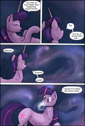 Size: 1920x2816 | Tagged: safe, artist:shieltar, derpibooru import, part of a set, twilight sparkle, pony, unicorn, comic:giant twilight, comic, cute, dialogue, female, giant pony, giant twilight sparkle, giantess, growth, image, jewelry, jpeg, macro, magic, mare, necklace, part of a series, pony bigger than a planet, pony bigger than a solar system, pony bigger than a star, pony heavier than a black hole, signature, size difference, solo, space, stars, unicorn twilight