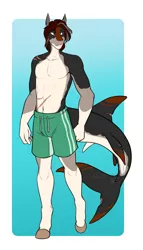 Size: 2510x4403 | Tagged: safe, artist:blackblood-queen, derpibooru import, oc, oc:laguna luster, unofficial characters only, anthro, original species, pony, shark, shark pony, unguligrade anthro, abs, absurd resolution, anthro oc, belly button, clothes, commission, digital art, eyebrows visible through hair, image, male, partial nudity, png, scar, solo, stallion, standing, swimming trunks, topless, watermark