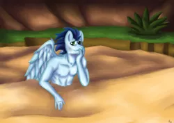 Size: 4093x2894 | Tagged: safe, artist:sugar lollipop, derpibooru import, soarin', anthro, pegasus, pony, background human, background pony, clothes, complex background, digital art, half body, image, jpeg, lineless, looking back, male, muscles, muscular male, nipples, nudity, partial nudity, request, requested art, sand, sexy, stuck, topless, torso, worried, worried smile