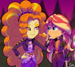 Size: 2378x2134 | Tagged: source needed, safe, artist:salty, derpibooru import, adagio dazzle, sunset shimmer, equestria girls, equestria girls series, rainbow rocks, sunset's backstage pass!, spoiler:eqg series (season 2), female, hand on chin, image, jpeg, lesbian, shipping, smiling, smirk, sunsagio, sunset shimmer is not amused, unamused