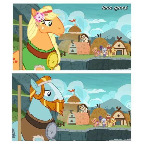 Size: 1080x1080 | Tagged: safe, artist:luna.queex, derpibooru import, edit, edited screencap, screencap, applejack, jorunn, rockhoof, sigrid, sun cross, earth pony, pony, beard, building, clothes, cloud, duo, eyelashes, facial hair, female, image, jpeg, male, mare, outdoors, rockhoof's shovel, rockhoof's village, shovel, stallion