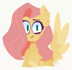 Size: 651x634 | Tagged: safe, artist:freakyghostbed, derpibooru import, fluttershy, pegasus, pony, bust, chest fluff, ear fluff, female, image, looking at you, mare, png, portrait, simple background, smiling, solo, spread wings, three quarter view, white background, wings