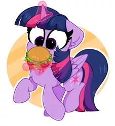 Size: 3000x3300 | Tagged: safe, artist:kittyrosie, derpibooru import, twilight sparkle, alicorn, abstract background, burger, chest fluff, ear fluff, eating, floppy ears, food, glowing horn, hay, hay burger, herbivore, horn, image, jpeg, lettuce, magic, simple background, solo, telekinesis, that pony sure does love burgers, tomato, twilight burgkle, twilight sparkle (alicorn)