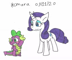 Size: 1130x938 | Tagged: safe, artist:cmara, derpibooru import, rarity, spike, dragon, pony, unicorn, blushing, eyeshadow, female, grin, image, jpeg, makeup, male, mare, shipping, simple background, smiling, sparity, straight, traditional art, white background