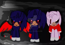 Size: 1024x705 | Tagged: safe, artist:sonic5100, derpibooru import, oc, oc:sonica, ponified, alicorn, earth pony, pony, .exe, amy rose, amy.exe, blood, crying, demon wings, evil, image, jpeg, looking at you, red dress, red eyes, smiling, sonic the hedgehog, sonic the hedgehog (series), sonic.exe, sonica.exe, stitches, tears of blood, wings, zalgo