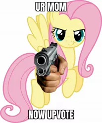 Size: 1600x1943 | Tagged: safe, derpibooru import, fluttershy, pegasus, 1000 hours in ms paint, 1000 years in photoshop, exploitable meme, gun, hand, image, jpeg, looking at you, meme, realistic hand, upvote bait, ur mom, weapon