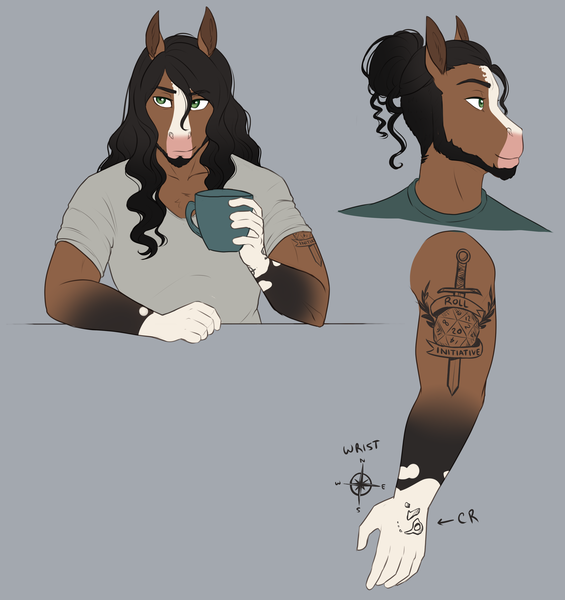 Size: 3108x3300 | Tagged: safe, artist:askbubblelee, derpibooru import, oc, oc:walter nutt, unofficial characters only, anthro, earth pony, pony, saddle arabian, unguligrade anthro, beard, blaze (coat marking), clothes, coffee cup, cup, digital art, earth pony oc, facial hair, image, male, png, shirt, simple background, smiling, solo, stallion, tattoo