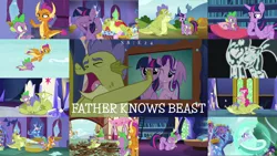 Size: 1972x1110 | Tagged: safe, derpibooru import, edit, edited screencap, editor:quoterific, screencap, pinkie pie, sludge (dragon), smolder, spike, starlight glimmer, twilight sparkle, twilight sparkle (alicorn), alicorn, dragon, earth pony, pony, unicorn, father knows beast, bathtub, covering eyes, crying, dragoness, eyes closed, female, flying, force field, glowing horn, gritted teeth, heartbreak, hoof in mouth, horn, hug, image, magic, magic aura, male, open mouth, png, winged spike, x-ray