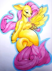 Size: 2103x2851 | Tagged: safe, artist:vertayara, derpibooru import, fluttershy, pegasus, pony, seapony (g4), clothes, cute, eyes closed, female, fin wings, fish tail, flowing mane, flowing tail, image, jpeg, pink mane, seaponified, seapony fluttershy, see-through, shyabetes, signature, simple background, smiling, solo, species swap, tail, white background, wings