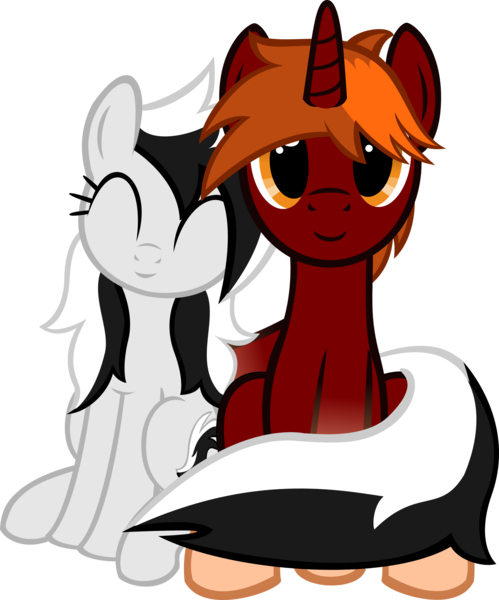 Size: 1662x2000 | Tagged: safe, artist:stellardust, derpibooru import, oc, oc:fireblaze, oc:lili, unofficial characters only, pony, skunk, skunk pony, unicorn, derpibooru community collaboration, 2021 community collab, derpibooru exclusive, eyes closed, female, image, male, png, simple background, sitting, smiling, stallion, transparent background