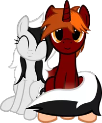 Size: 1662x2000 | Tagged: safe, artist:stellardust, derpibooru import, oc, oc:fireblaze, oc:lili, unofficial characters only, pony, skunk, skunk pony, unicorn, derpibooru community collaboration, 2021 community collab, derpibooru exclusive, eyes closed, female, image, male, png, simple background, sitting, smiling, stallion, transparent background