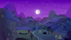 Size: 1280x720 | Tagged: safe, derpibooru import, screencap, the perfect pear, apple, apple tree, background, fence, food, hay bale, image, mare in the moon, moon, night, no pony, pear tree, png, scenic ponyville, sweet apple acres, tree