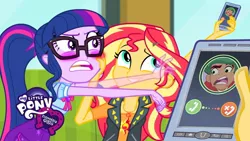 Size: 1280x720 | Tagged: safe, derpibooru import, screencap, sci-twi, sunset shimmer, timber spruce, twilight sparkle, equestria girls, equestria girls series, text support, blushing, faic, geode of empathy, geode of telekinesis, glasses, hand on face, image, jpeg, magical geodes, mobile phone, phone, ponytail, smiling, text support: sunset shimmer, youtube thumbnail