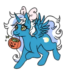 Size: 290x304 | Tagged: safe, artist:beansfish, derpibooru import, oc, oc:fleurbelle, unofficial characters only, alicorn, pony, adorabelle, alicorn oc, bow, candy, chibi, cute, female, food, hair bow, horn, image, mare, png, pumpkin bucket, simple background, solo, transparent background, wings, yellow eyes