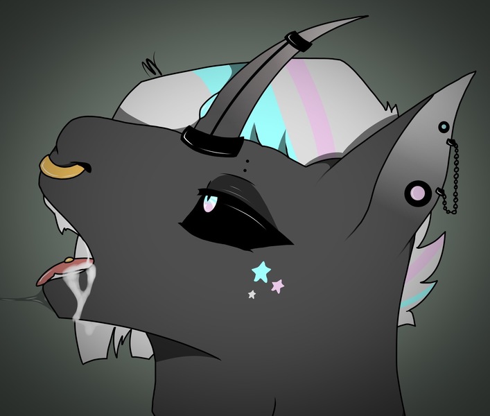 Size: 1737x1475 | Tagged: artist needed, suggestive, derpibooru import, oc, unofficial characters only, bat pony, pony, unicorn, vampire, bigender, black sclera, bust, cum, cum in mouth, drool, drool string, ear piercing, horn, horn ring, image, implied blowjob, implied oral, implied sex, intersex, jewelry, jpeg, nose piercing, nose ring, open mouth, piercing, portrait, ring, solo, tongue out, tongue piercing, unicorn oc